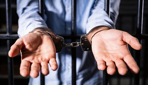 A pair of hands in handcuffs extend through metal bars. The setting shows a correctional facility. Daylight streams through, highlighting the scene