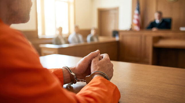 A person sits at a table in an orange jumpsuit with handcuffs. A judge is present in the background with a jury sitting nearby. The setting is a courtroom during the day