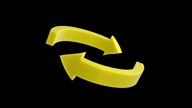 isometric loop arrows 4k animation, 3D refresh sync icon, cycle motion graphic, yellow rotation symbol