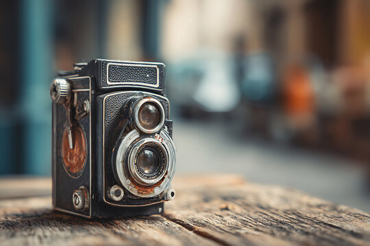 Vintage Twin-Lens Reflex Camera on Rustic Wooden Surface, Blurred Background