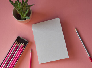 Mockup of light blank gray card for sketch, art, illustration, logo design. Pink desk with grey card, pink pencils, pencil box, green cactus plant. Blank paper sheet, A5 size. Pink aesthetic. School. © SveM