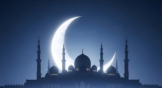 Silhouette of a mosque with minarets and domes under a crescent moon in a starry night sky with a glowing white moonlight