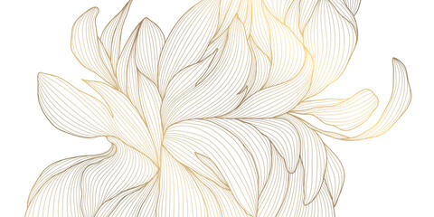 Luxury abstract gold floral line pattern on white background, elegant leaves, flowers, flowing abstract waves. Modern vector illustration, Japanese ornament, Art Deco and Art Nouveau. © marylia17