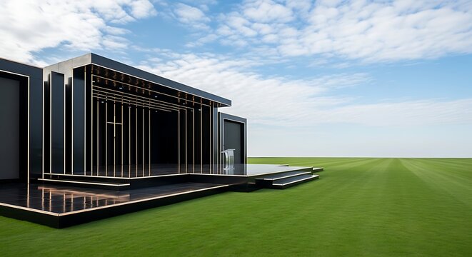 Modern outdoor stage setup with a cross design for events and performances against a clear blue sky and green field