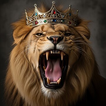 Lion wearing a crown roaring.
