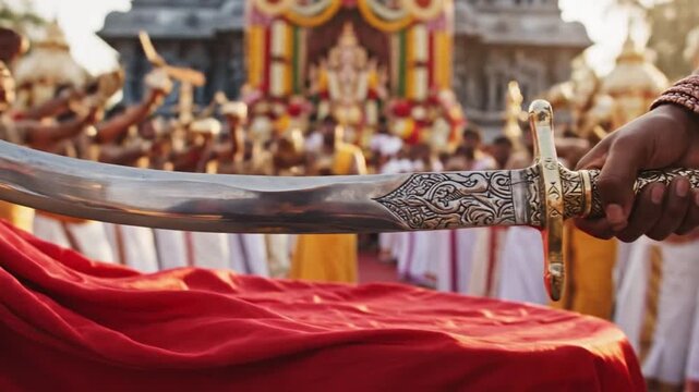 Kodungallur Bharani, a traditional curved ritual sword (Aramana) clashing against red fabric, glistening steel textures with intricate engravings, blurred background of temple devotees