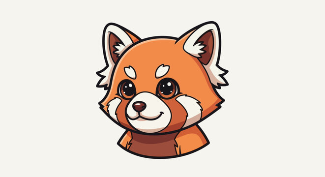 A charming and adorable cartoon illustration of a red panda's head with big eyes and a gentle smile on a plain background.