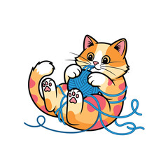 Fototapeta premium Cute orange cat playing with yarn ball.