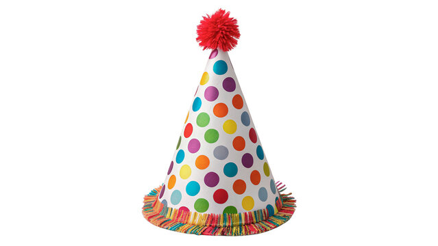 A party hat with bright polka dots and a red pom-pom isolated on transparent background cut out