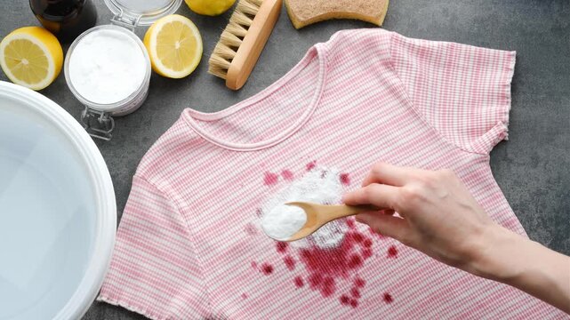 Unrecognizable hand holding a spoon with baking soda and sprinkling it on drops of wine or juice that stain a striped t-shirt in the kitchen. Natural ingredients clothes cleaning. top view