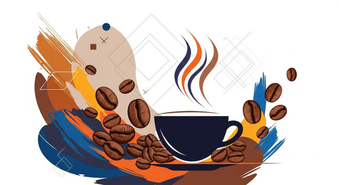 Coffee cup illustration surrounded by coffee beans and expressive brush strokes, combining artistic texture and modern design.