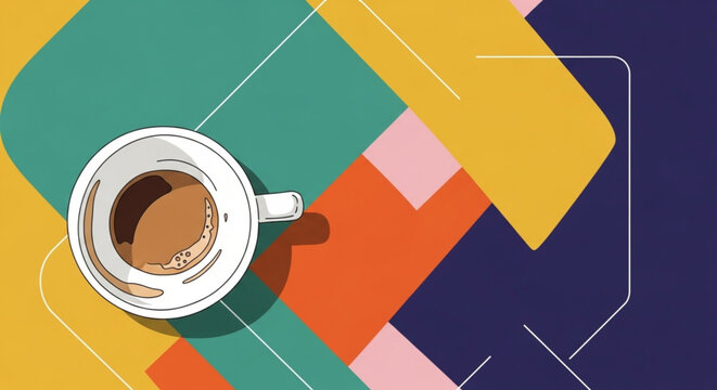 Top view coffee cup placed on diagonal geometric color background with modern abstract layout and clean composition.