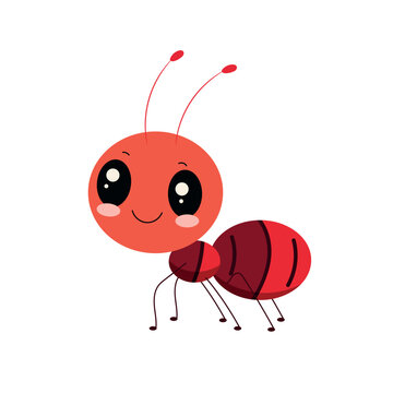 Cute cartoon character, red ant with big eyes, adorable insect illustration, kids design, flat vector isolated on white background.