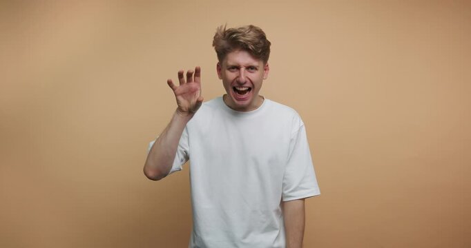 Saying hello and showing signs with hand gestures and expressions in a studio setting