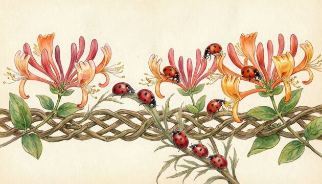 Whimsical watercolor of honeysuckle flowers, intertwined vines, and ladybugs