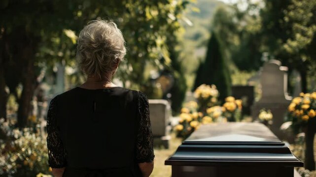 woman in the cemetery mourns at the grave animation