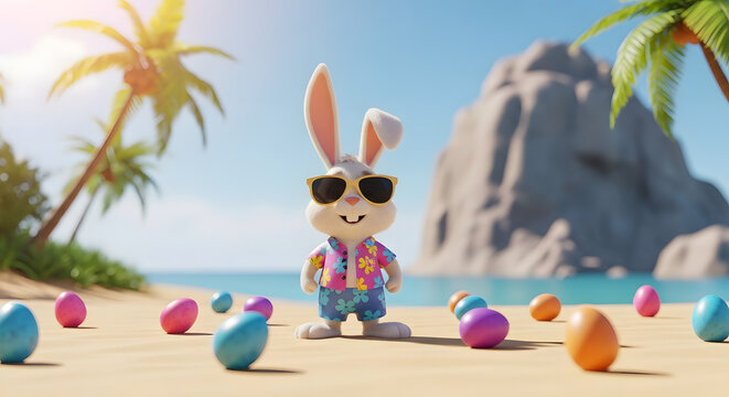 Cool bunny on a tropical beach with easter eggs and birds
