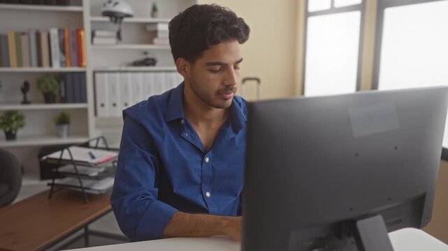Man at a desktop computer with hand to temple and finger near lips, facing a large monitor on a desk in a building; pensive concentration.