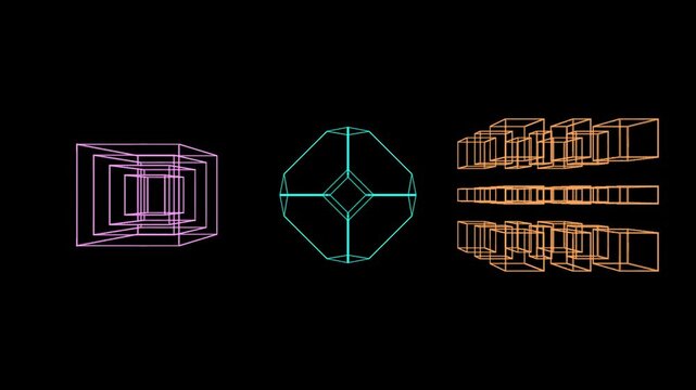 Abstract Geometric Shapes Morph and Form on Black Background, Digital Motion Graphic