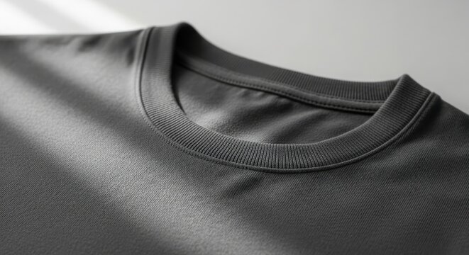 Closeup of a black crew neck tshirt on a light background
