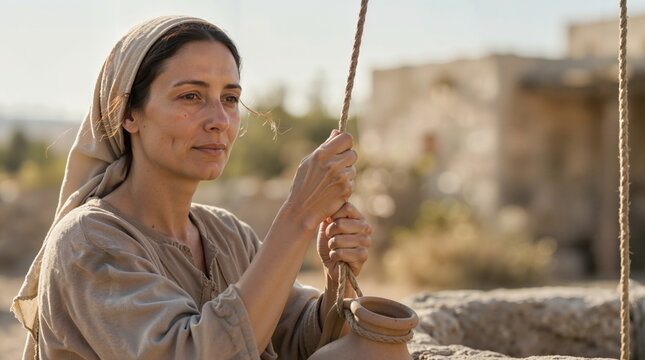 Woman in biblical attire drawing water from a stone well. Ancient Middle Eastern woman with clay jar and rope. Historical daily life scene in an arid village setting