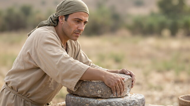 Man in biblical attire grinding grain with a stone hand mill. Ancient middle eastern man using a quern for food preparation. Historical manual labor in a desert landscape