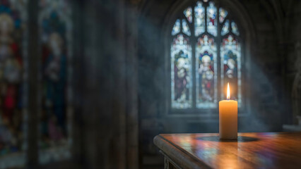 Obraz premium Lit Candle on Wooden Pew Before Stained Glass Church Window