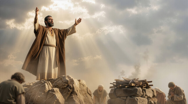 Prophet Elijah praying on Mount Carmel. Biblical man with arms raised toward heaven by a stone altar. Old Testament story of faith and miracle