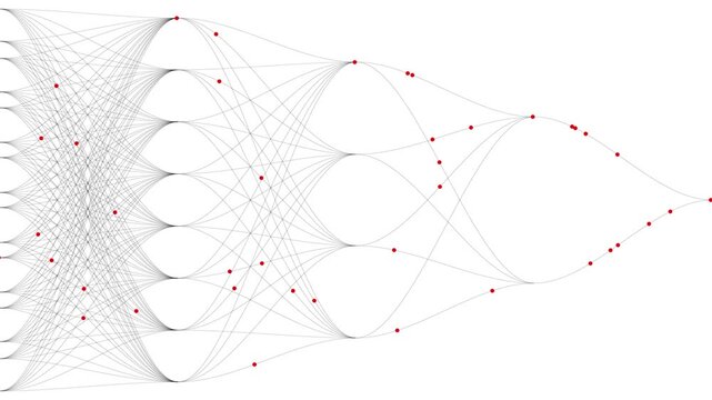 Abstract Neural Network Animation with Red Nodes and Wires in a Digital Space