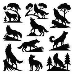 Obraz premium Black silhouette collection of wolves in forest settings with trees and logs