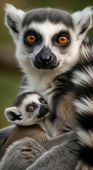 Fototapeta premium A mother ring-tailed lemur tenderly holds her infant close.