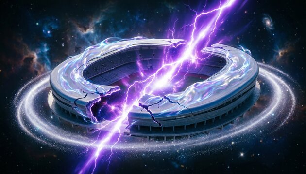 Celestial Arena Cataclysm Intense Energy Fractures a Futuristic Stadium in Cosmic Space