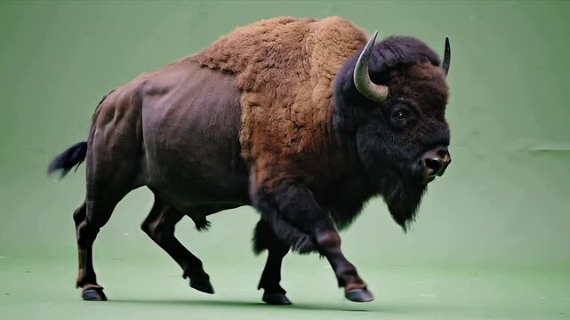 Realistic American Bison Charging Side View Green Screen