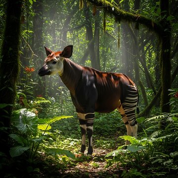 Okapia in dense forest habitat.