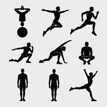 Black silhouette set of men performing various fitness exercises and athletic poses