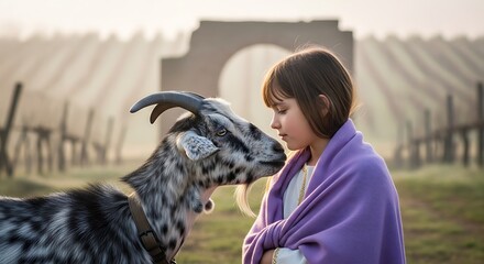 Young girl affectionately kissing a friendly goat on the nose outdoors