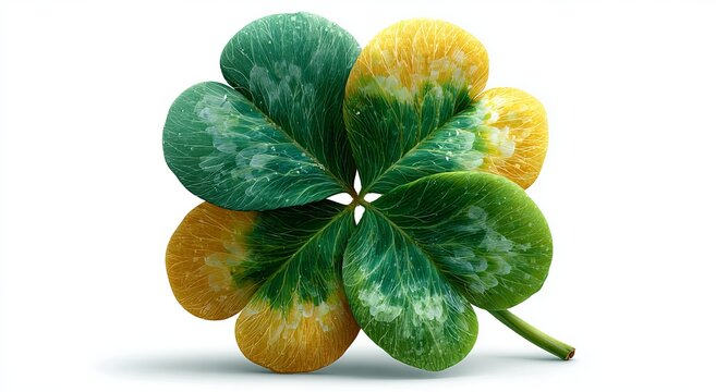 Lucky four leaf clover isolated on a white background, with no shadow, reflection, text, letters, black border, or watermarks. high resolution image with no distortion.