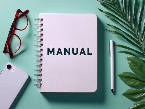 ミントグリーンの背景に置かれたマニュアルの文字入りノートと眼鏡にスマートフォンとペン