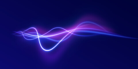 Naklejka premium Blue neon ribbons twist with flowing motion lines. Spark particles highlight energy and speed. Perfect for futuristic digital backgrounds.