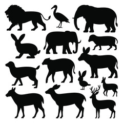 Obraz premium Black silhouettes of various wild and domestic animals on white background