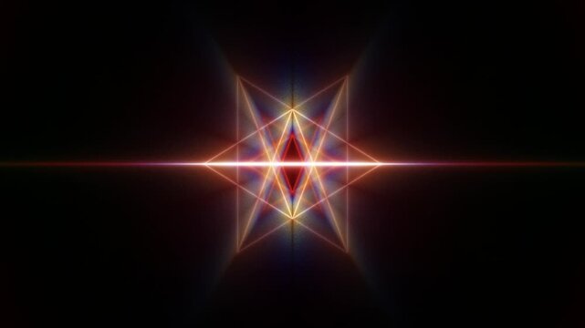 Abstract Geometric Star Shape Rotating and Pulsating with Light Rays on Dark Background