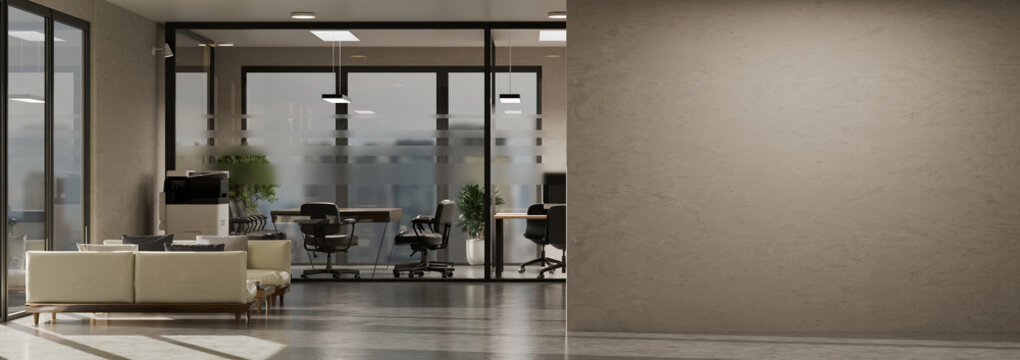 3D modern open office with a blank wall and a glass meeting room with city scape view