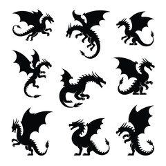 Obraz premium Set of nine black dragon silhouettes in various poses on white background