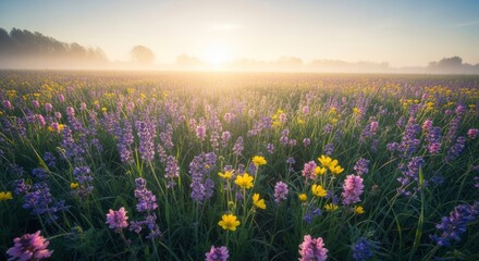 Fototapeta premium Wildflower meadow blooms vibrantly under the soft glow of the rising sun.