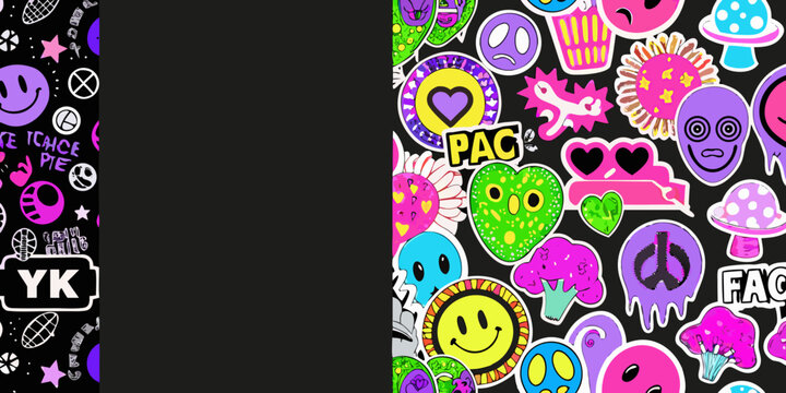Colorful sticker collection with playful designs featuring aliens and retro elements