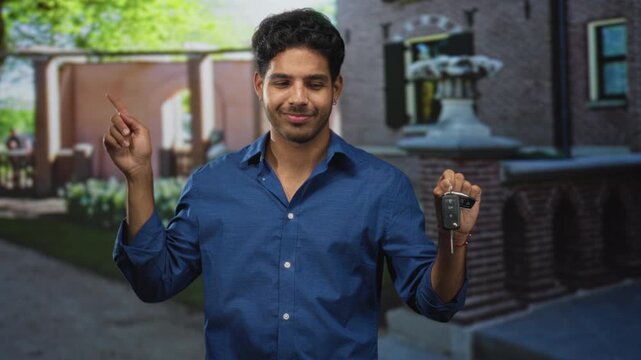 Man holding car keys pointing finger in front of building, blue shirt and earring visible; confidence success.