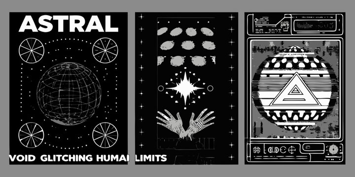 Astral void glitching human limits three abstract black and white panels