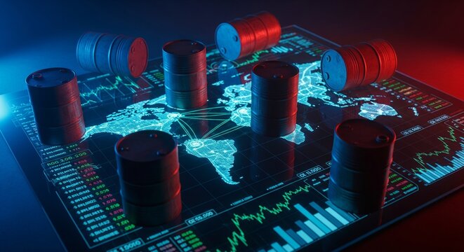 Global oil industry concept oil barrels on digital world map and financial charts with neon lighting