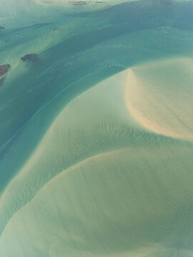 Aerial view of turquoise waters swirl around sandy shores, creating a mesmerizing dance of color and texture, Iceland, Iceland.