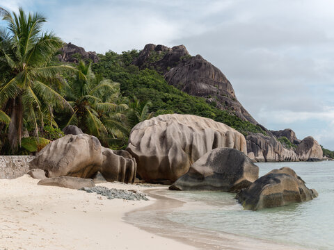 Anse Source d'Argent at sunny summer day - beautiful and tropical coast in Indian ocean, Seychelles island